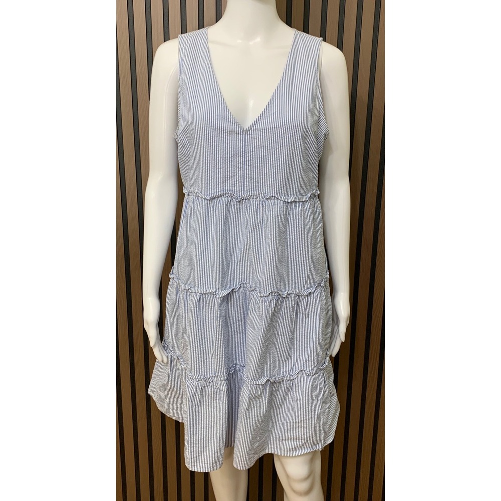 J.Crew Women's Blue White Seersucker Striped Tiered V-Neck Sleeveless Classic